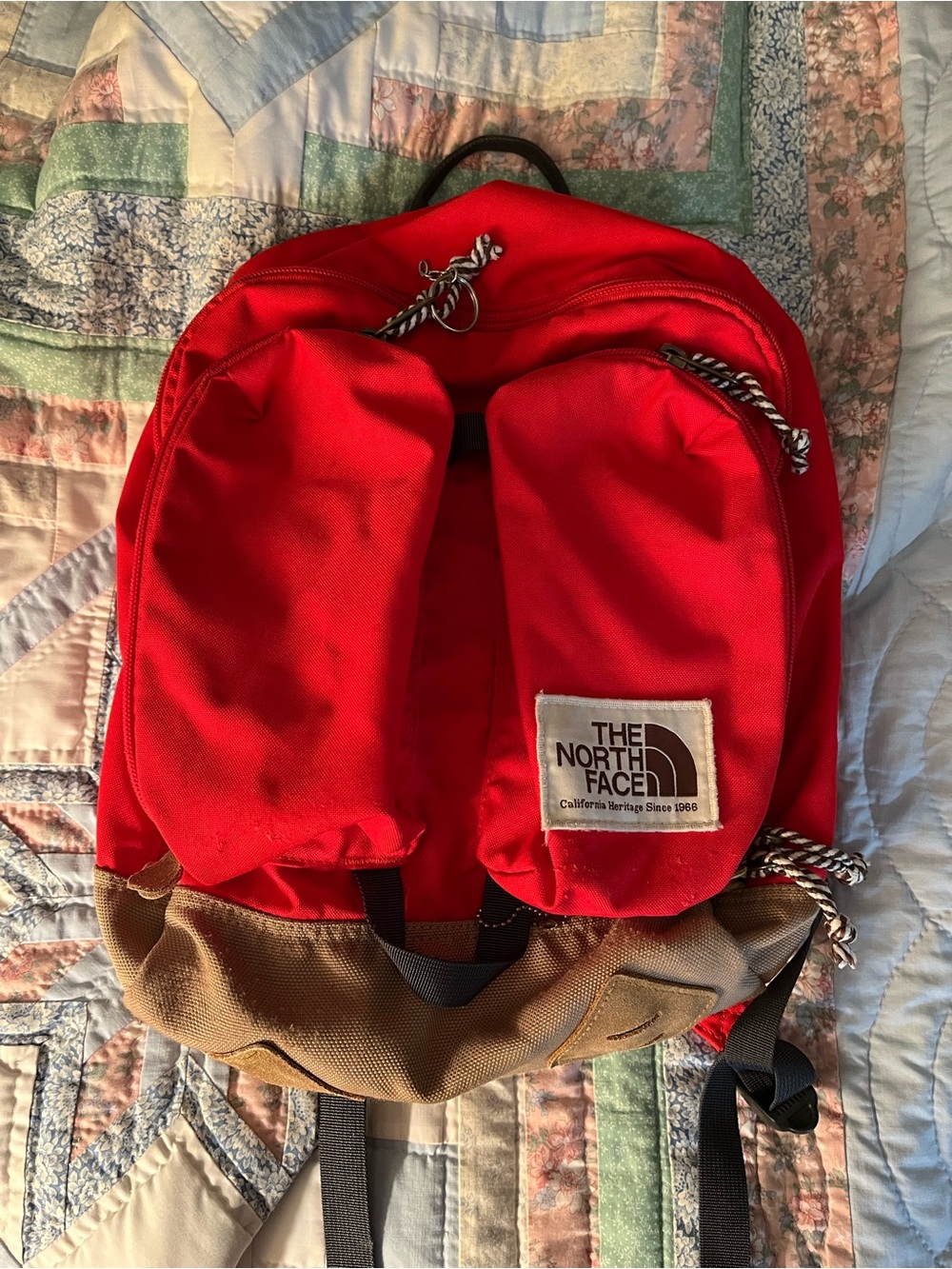 The North Face Red Backpack with Tan Base- kids, cute small backpack
